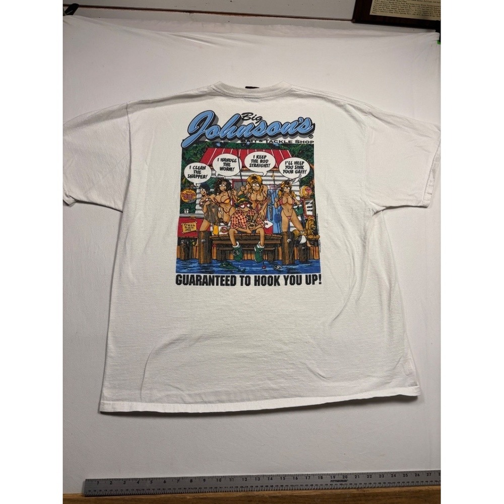 Vintage Big Johnson Men's XXL Fishing Bait Tackle Shop Graphic T Shirt Stains